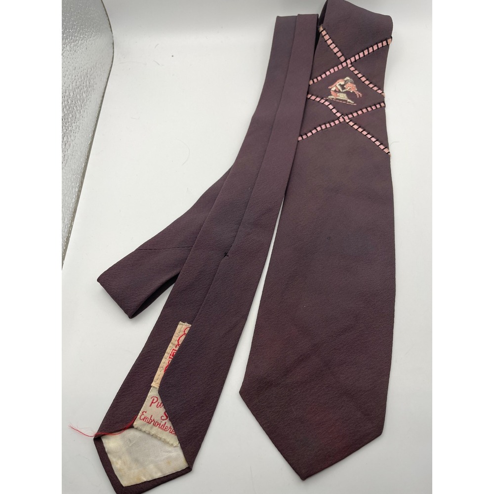 Vintage Pilgrim Cravats Pure Silk Embroidered Tie Plum Purple Pink Diamond 50s
